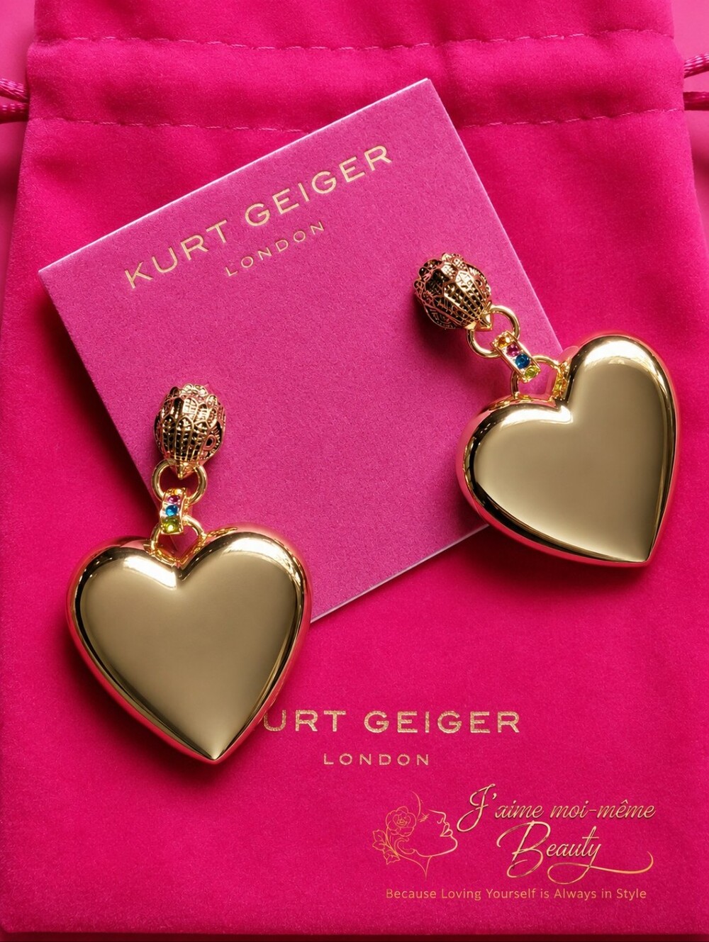 Kurt Geiger Gold Puffy Heart Drop Earrings With Rainbow Crystals And Star Cutout